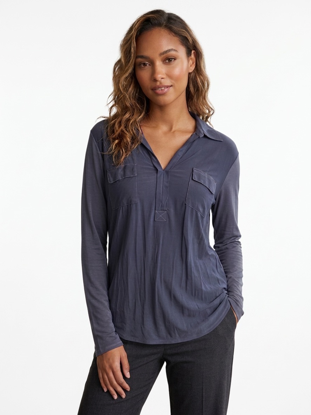 Relaxed V-Neck Two-Tone Navy Tunic Top